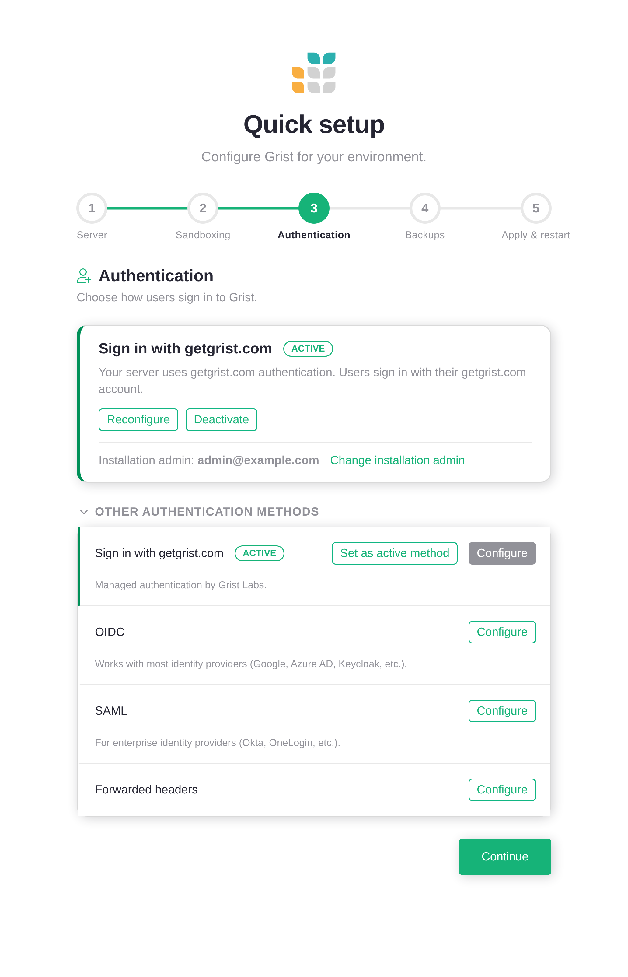 Quick setup, step 3: Authentication