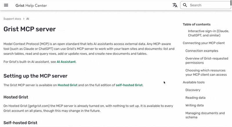 Grist MCP server and Claude.ai connection