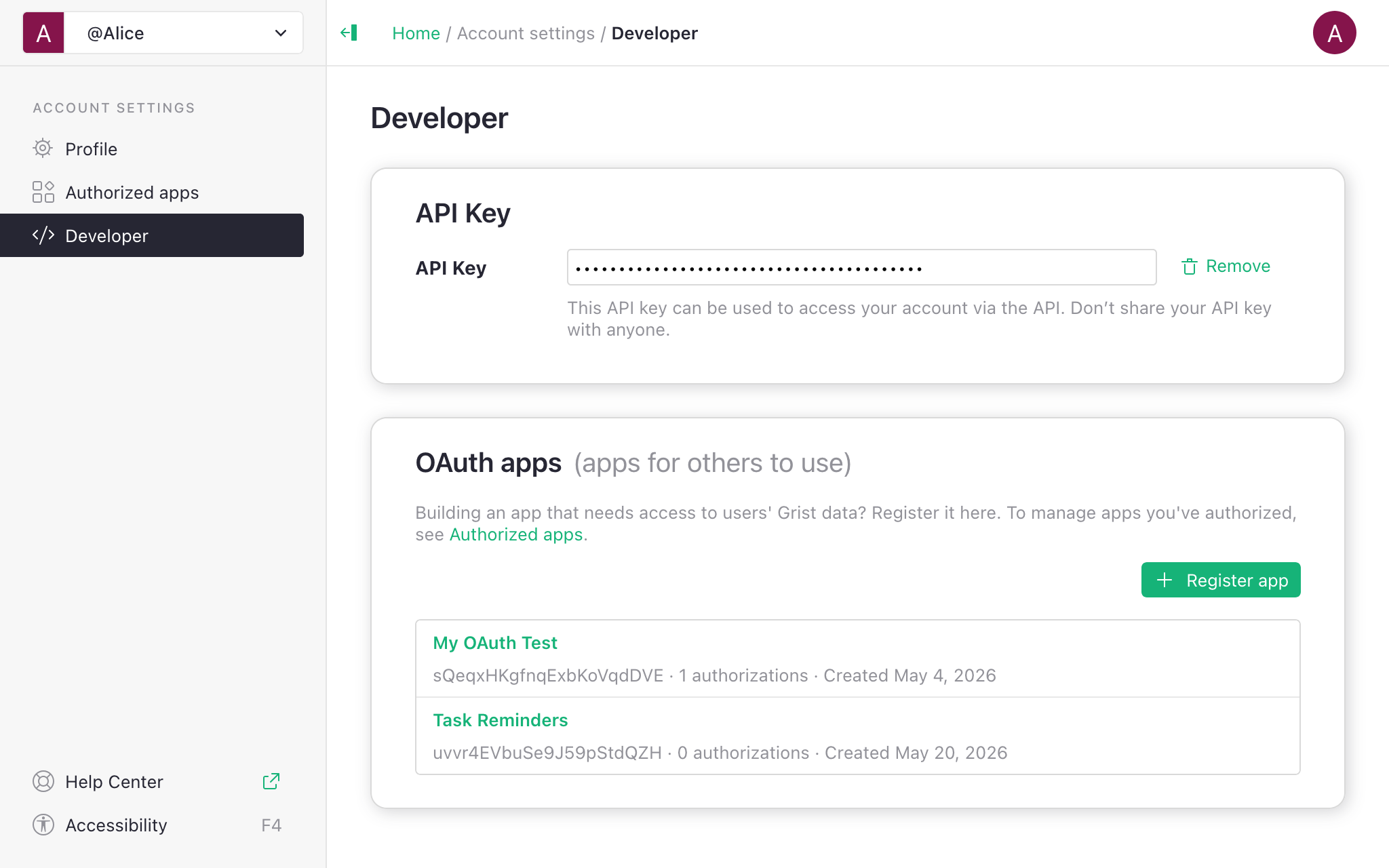 OAuth apps list