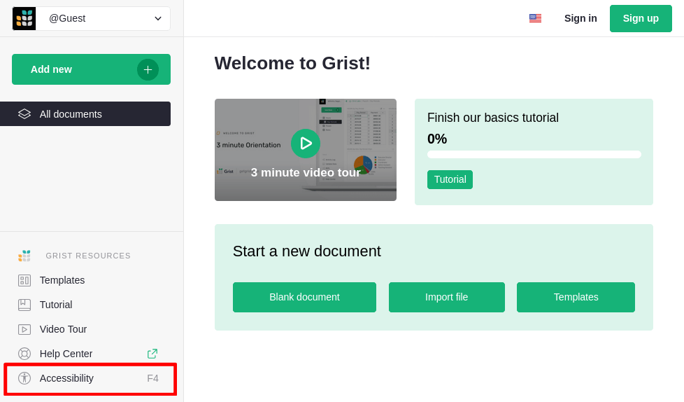 Grist screenshot showing where the accessibility menu is located