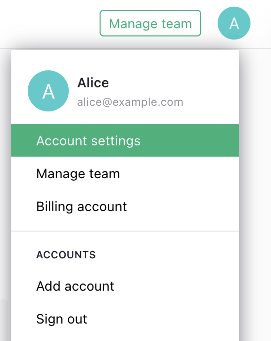 Account settings in user menu