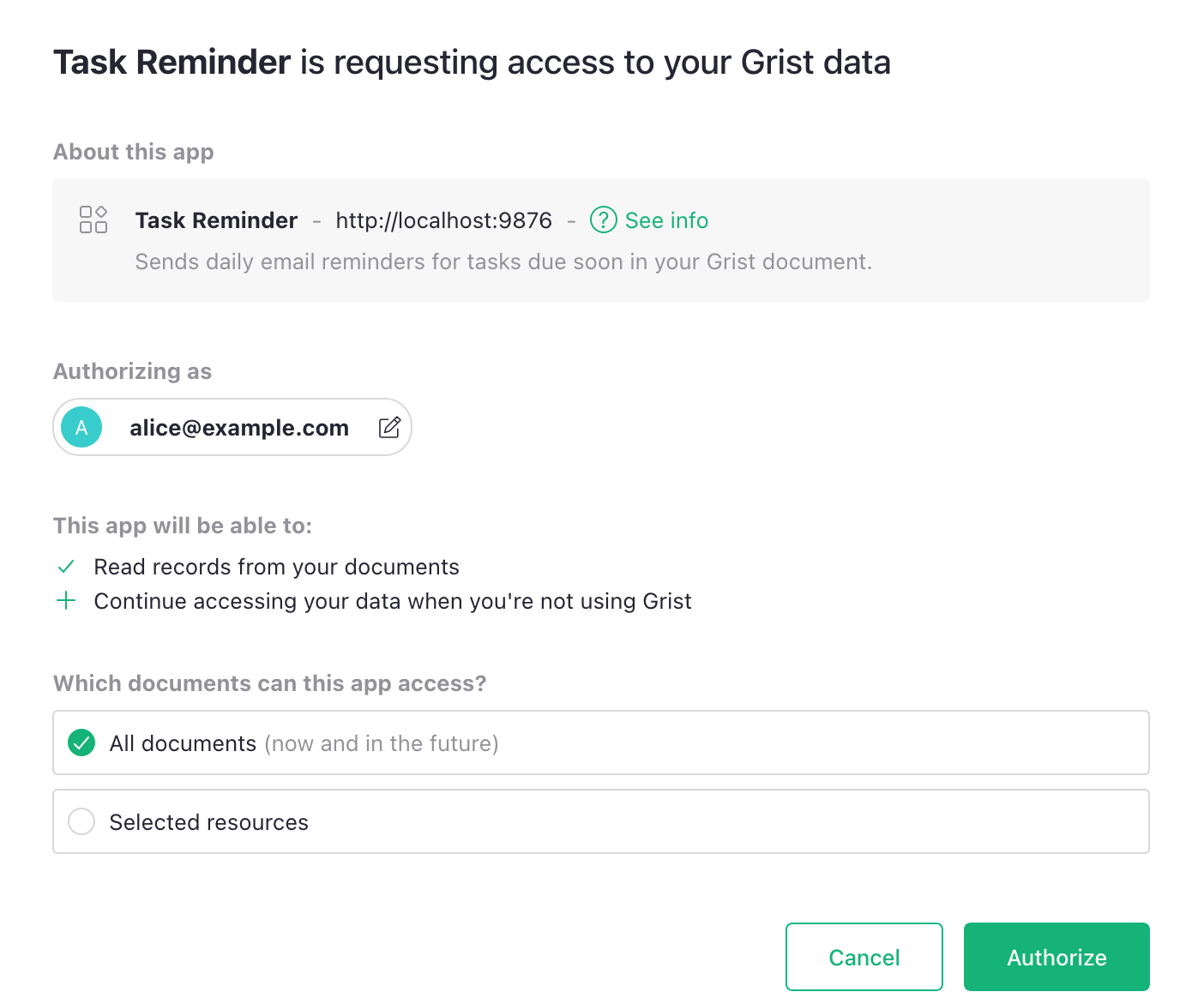 Consent screen for an app
