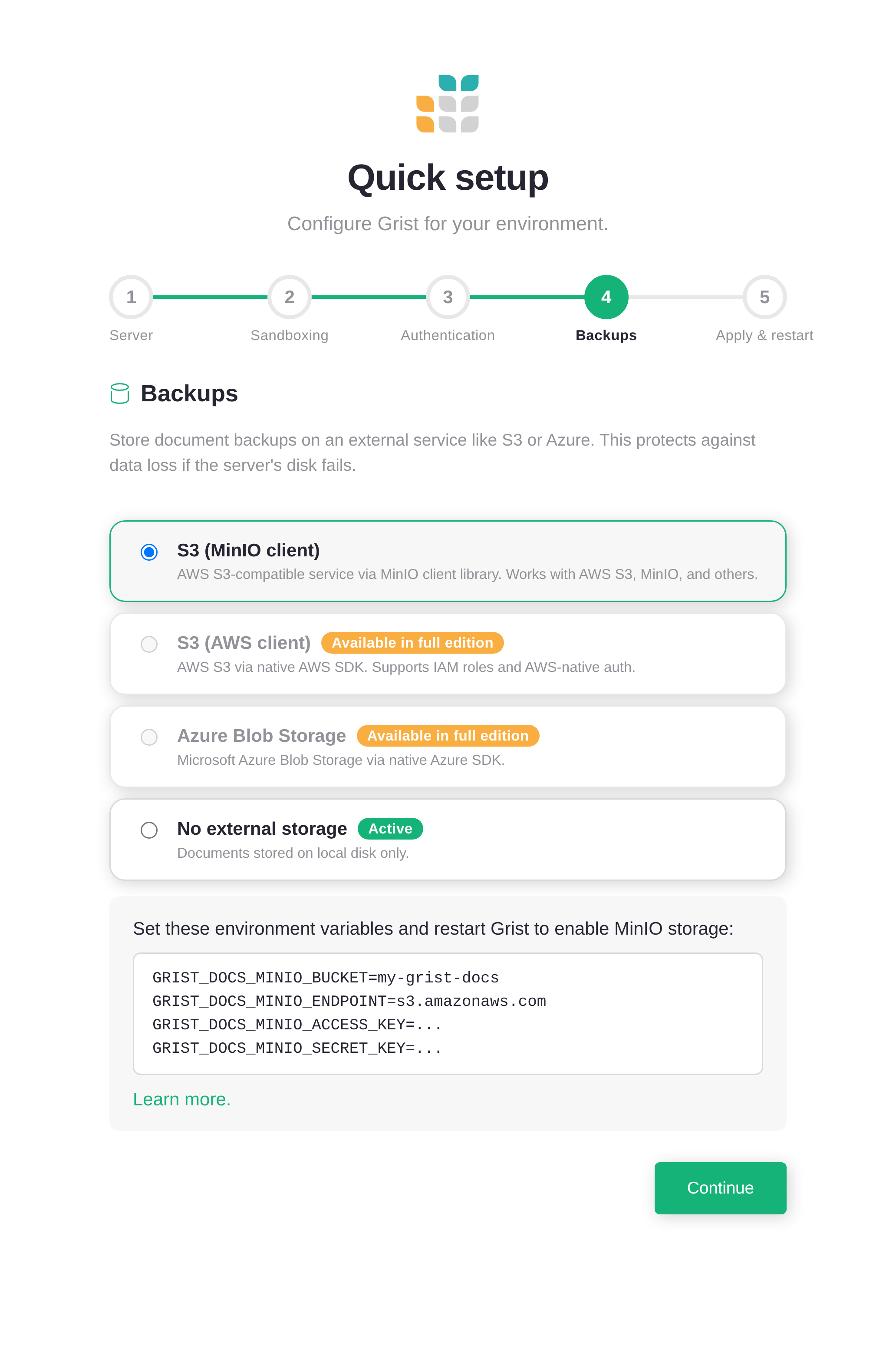 Quick setup, step 4: Backups