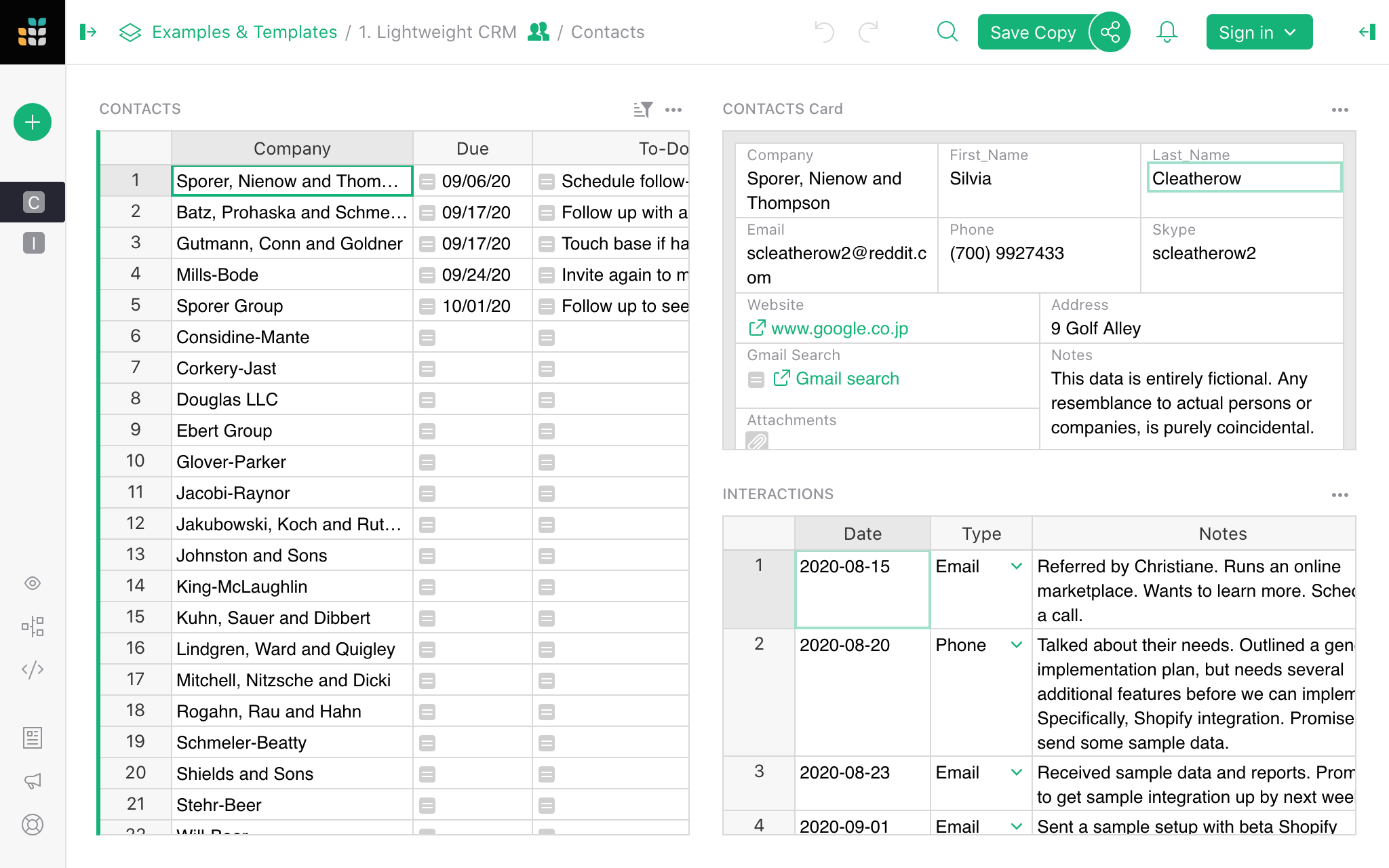 Contacts page is easily readable thanks to page widgets: one for the contacts list, one for the contact details, and one for the contact interactions.
