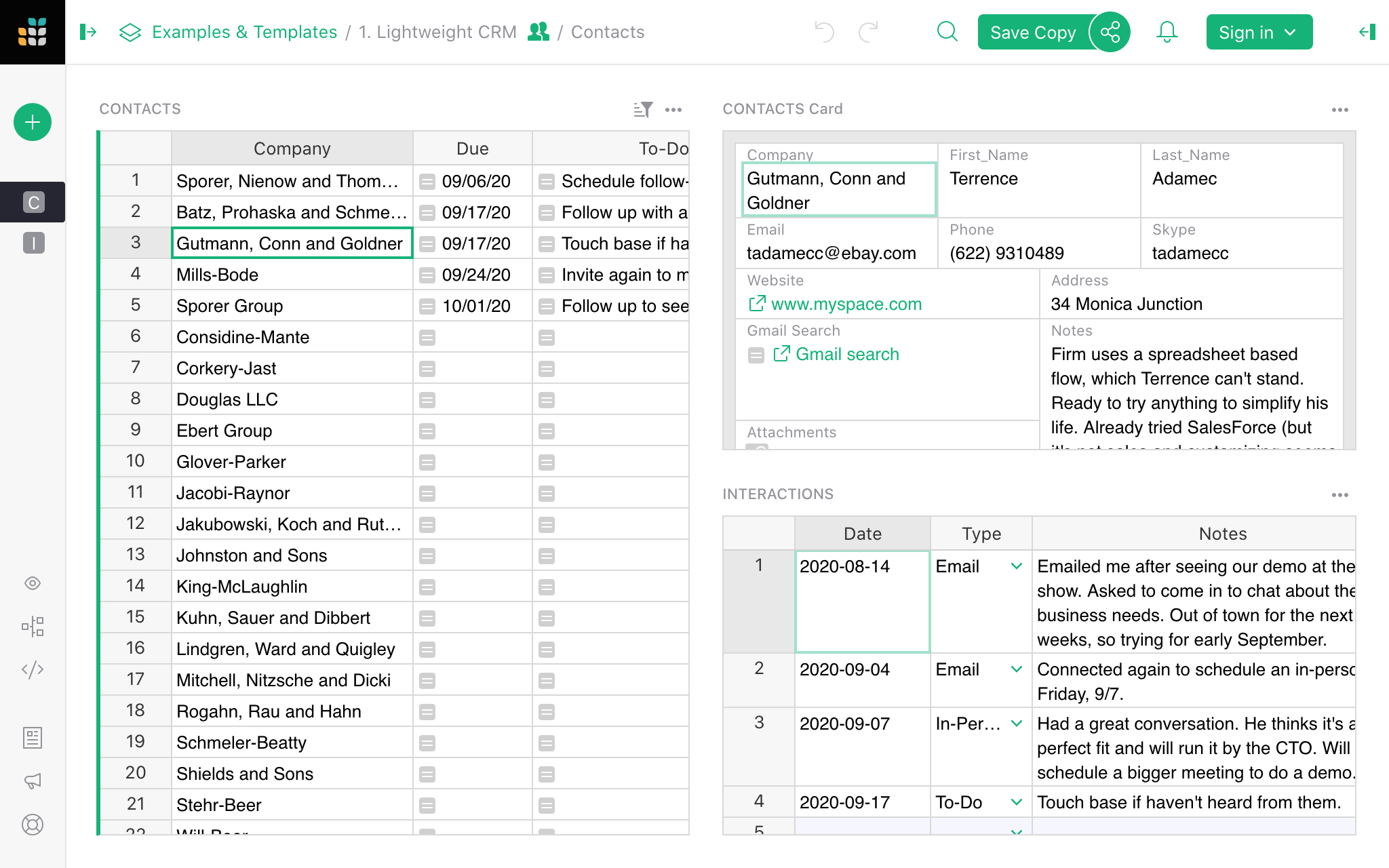 The contact interactions are displayed in a table widget. It lists only the interactions for the selected contact in the main list.