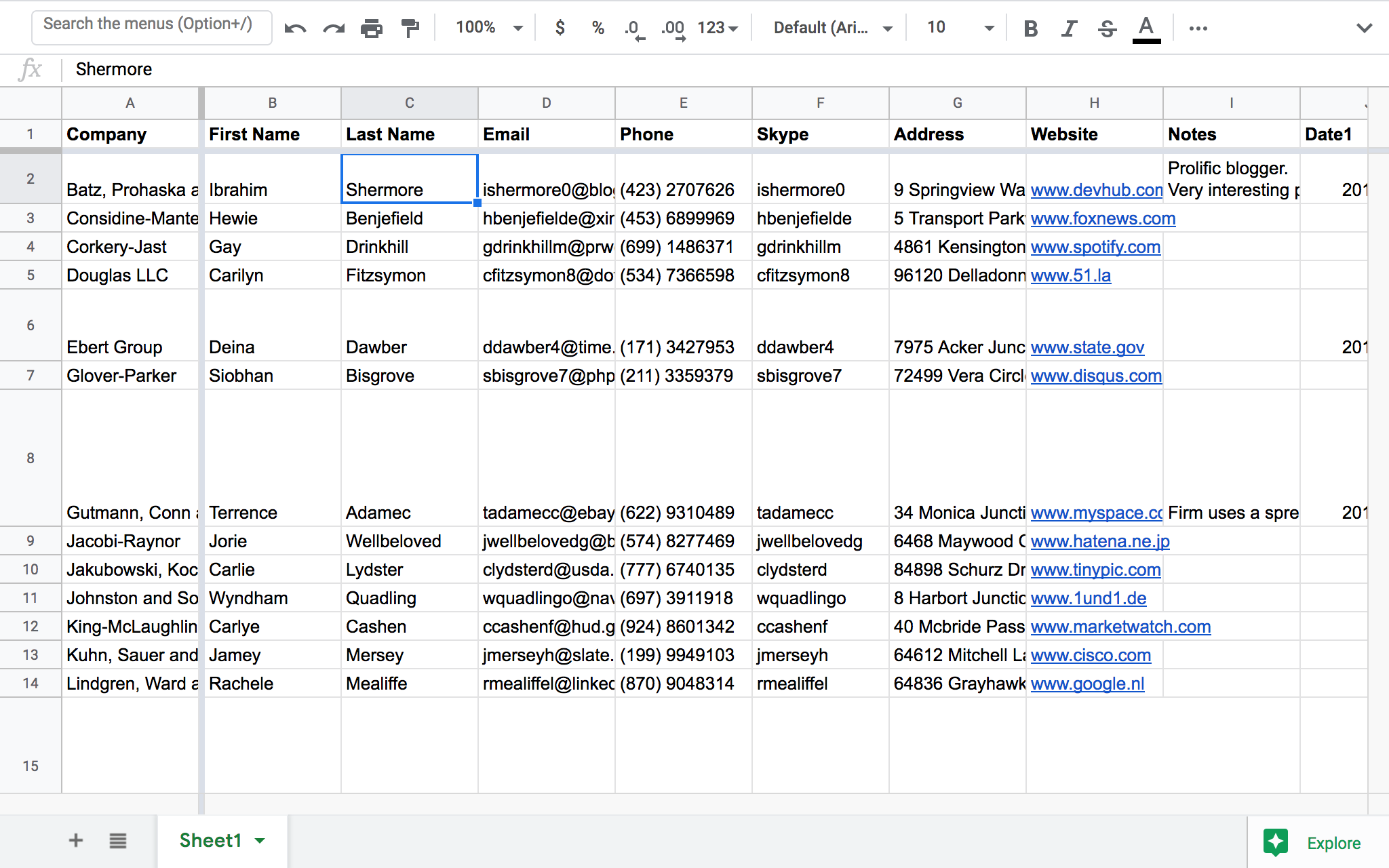 All contact info is displayed in one spreadsheet.