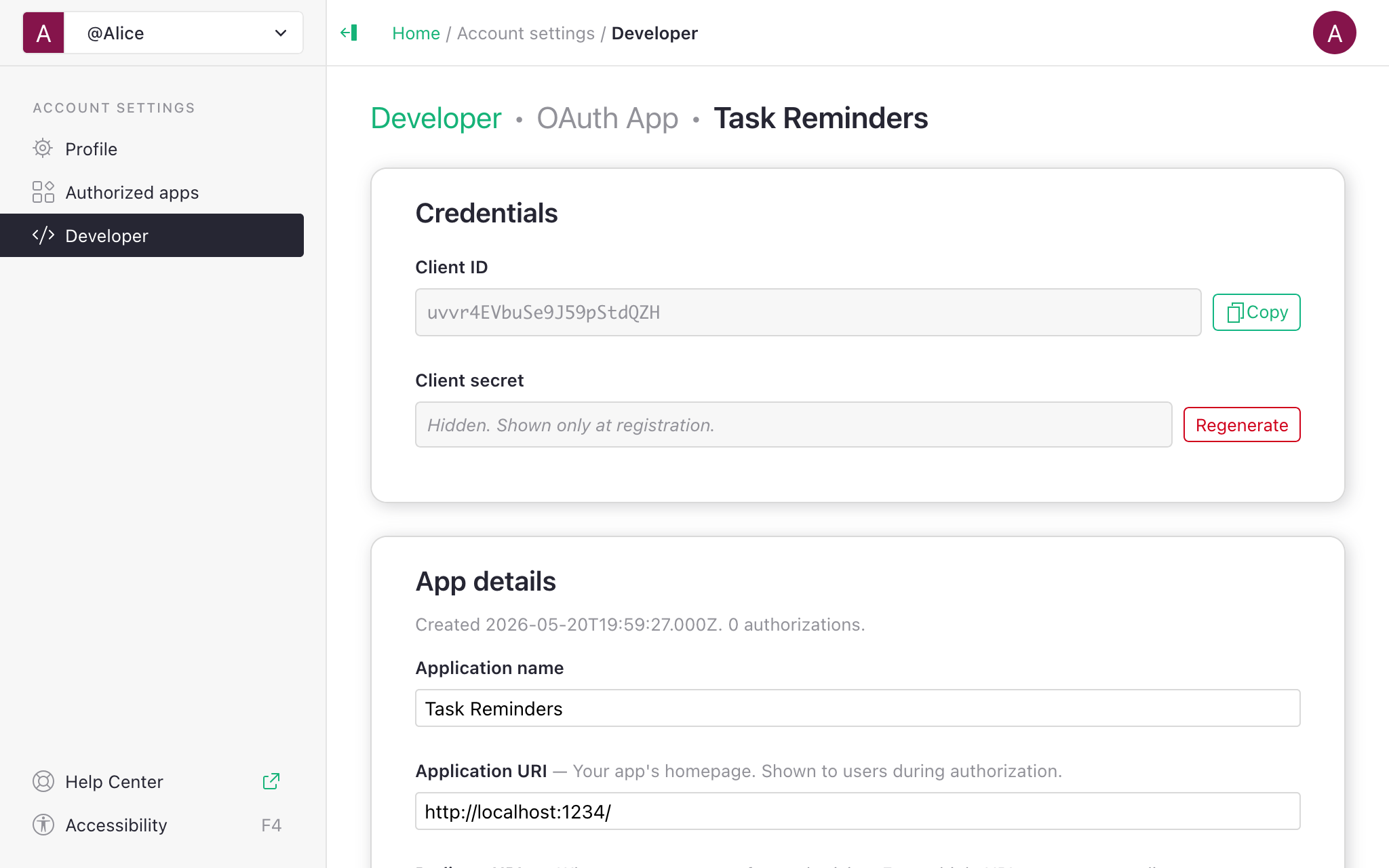 App settings page